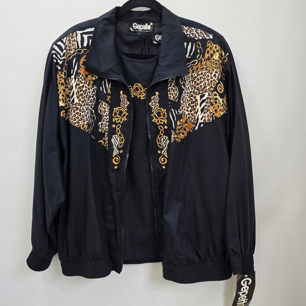 Vintage Gepetto 100% Silk 2pc Jacket Set Animal Print Gold Embroidery XL NWT - Picture 8 of 11